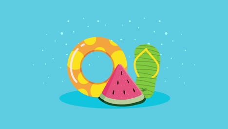 summer fun with watermelon, swim ring, and flip flops