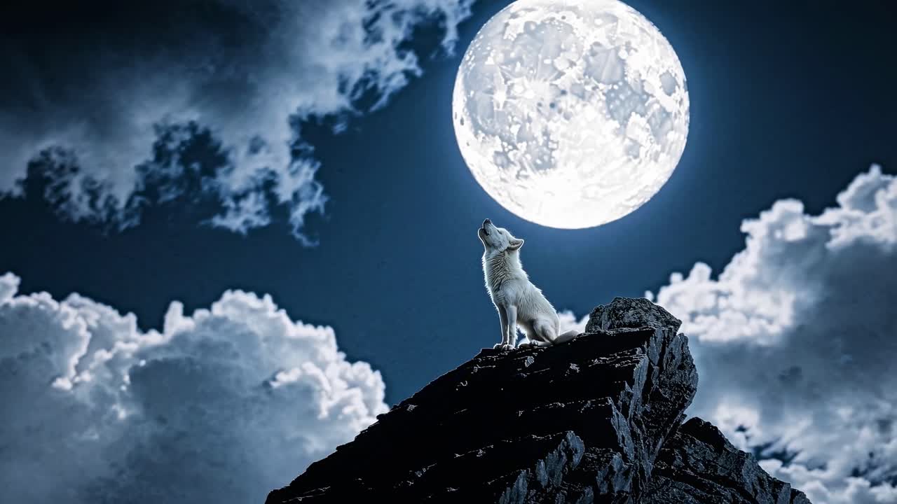 A dramatic video scene of a wolf howling at a full moon