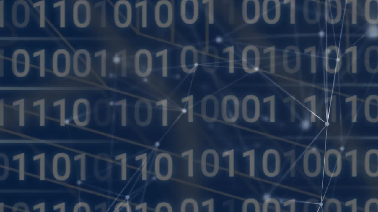 Animation of networks of connections and data processing over black background