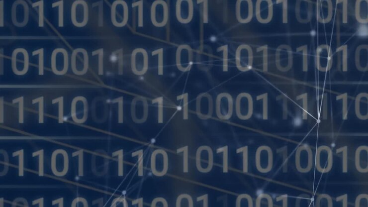 Animation of networks of connections and data processing over black background