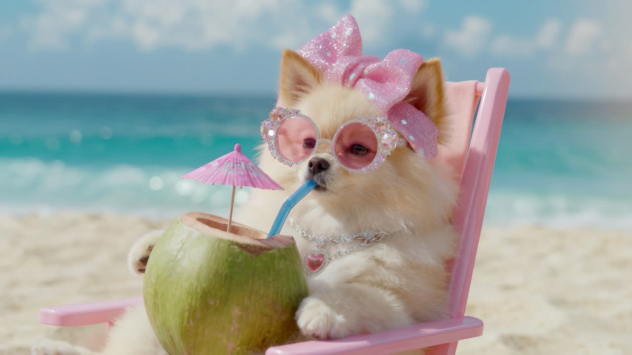 Roztomilé plážové štěně, hravý pomeranian s třpytivou mašlí, relaxuje na plážové dovolené