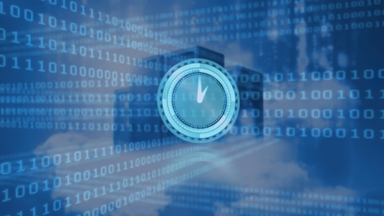 Animation of binary coding and moving clock over server room