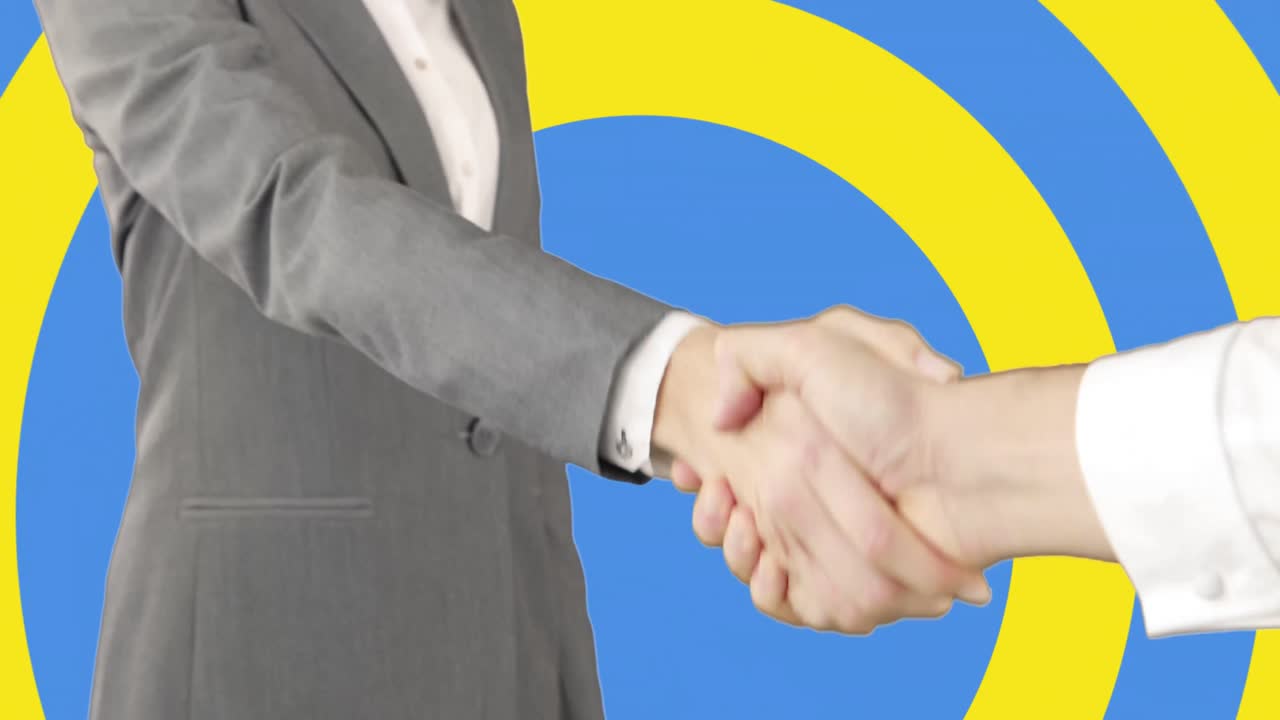 ウクライナの国旗を背景に握手する白人ビジネスパーソンのアニメーション