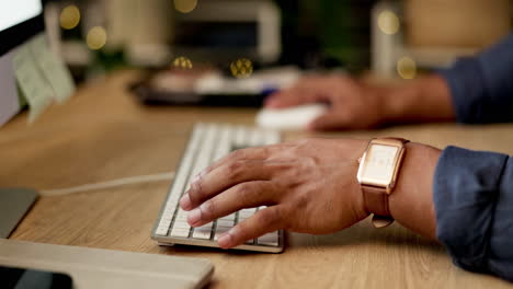 Businessman,-hands-and-typing-at-night-on-computer