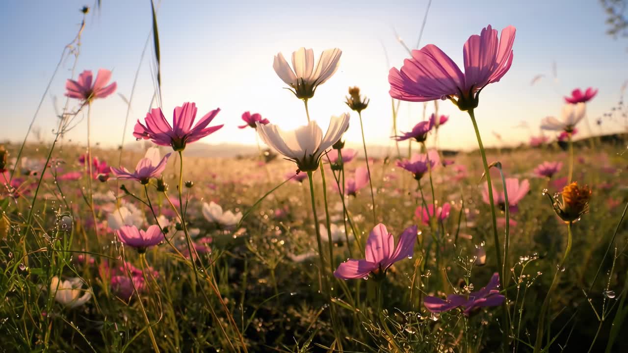 Vídeo em ângulo baixo de um campo de flores vibrante ao nascer do sol, capturando gotas de orvalho e luz quente
