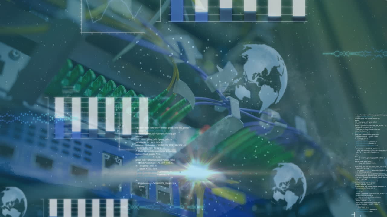 데이터 처리의 애니메이션과 컴퓨터 서버의 클로즈업에 대한 라이트 스