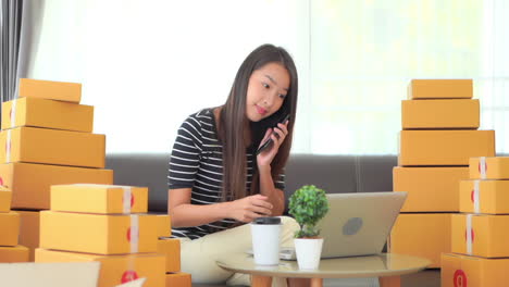 Joven-Mujer-Ocupada-Revisando-En-La-Computadora-Portátil-Su-Tienda-En-Línea-Y-Tomando-Una-Llamada-Telefónica-Con-Un-Nuevo-Pedido-Mientras-Se-Sienta-En-La-Sala-De-Estar-Llena-De-Cajas-Con-Productos,-Cámara-Lenta-De-Marco-Completo