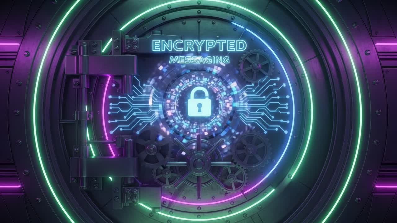 A High-Tech Representation of Encrypted Messaging with Futuristic Design Elements, Featuring a Secure Lock and Digital Circuitry in Vibrant Neon Colors