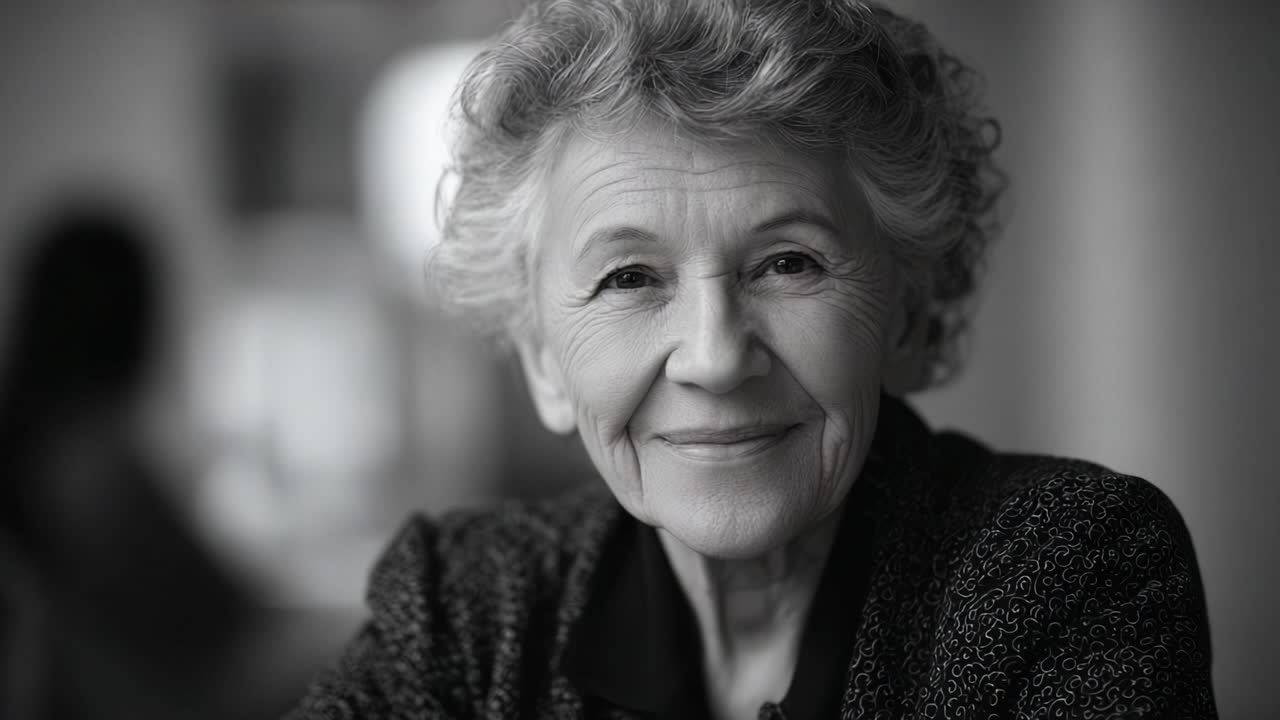 A warm smile from an elderly woman, radiating wisdom and kindness, captured in black and white, showcasing her genuine joy and serene presence in a cozy setting