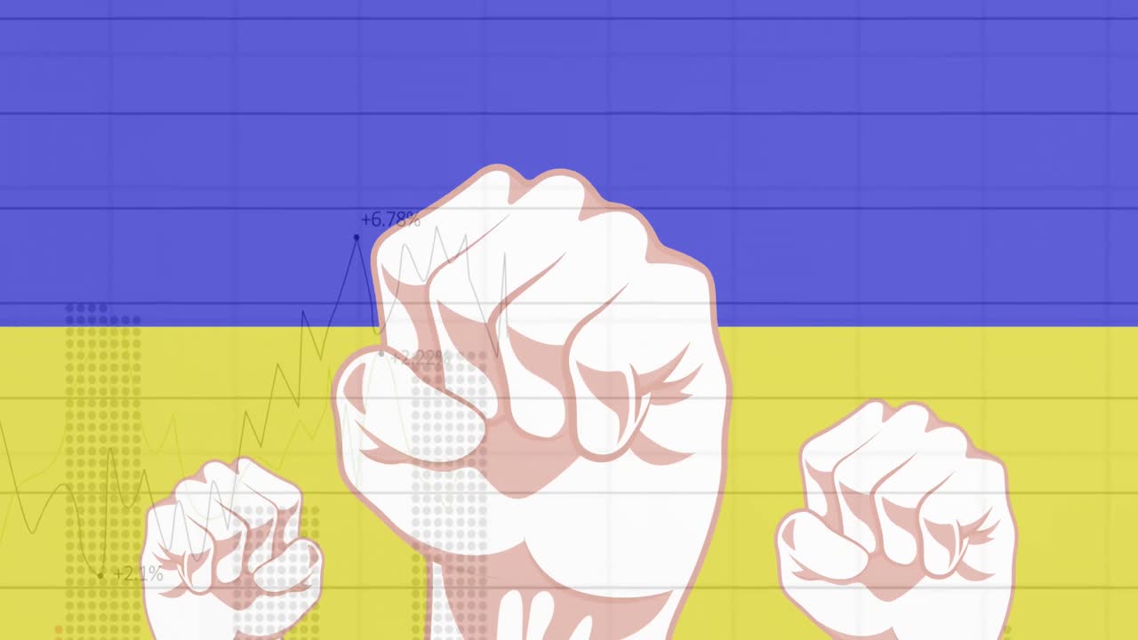 animación de procesamiento de datos y puños sobre la bandera de ucrania