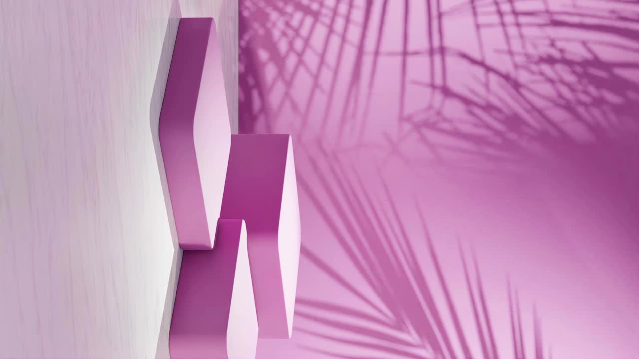 3D rendering display, vertical, podium and abstract floral fern plant background, vivid color, graphic product display, animated product shot packshot studio setting colorway, pink purple