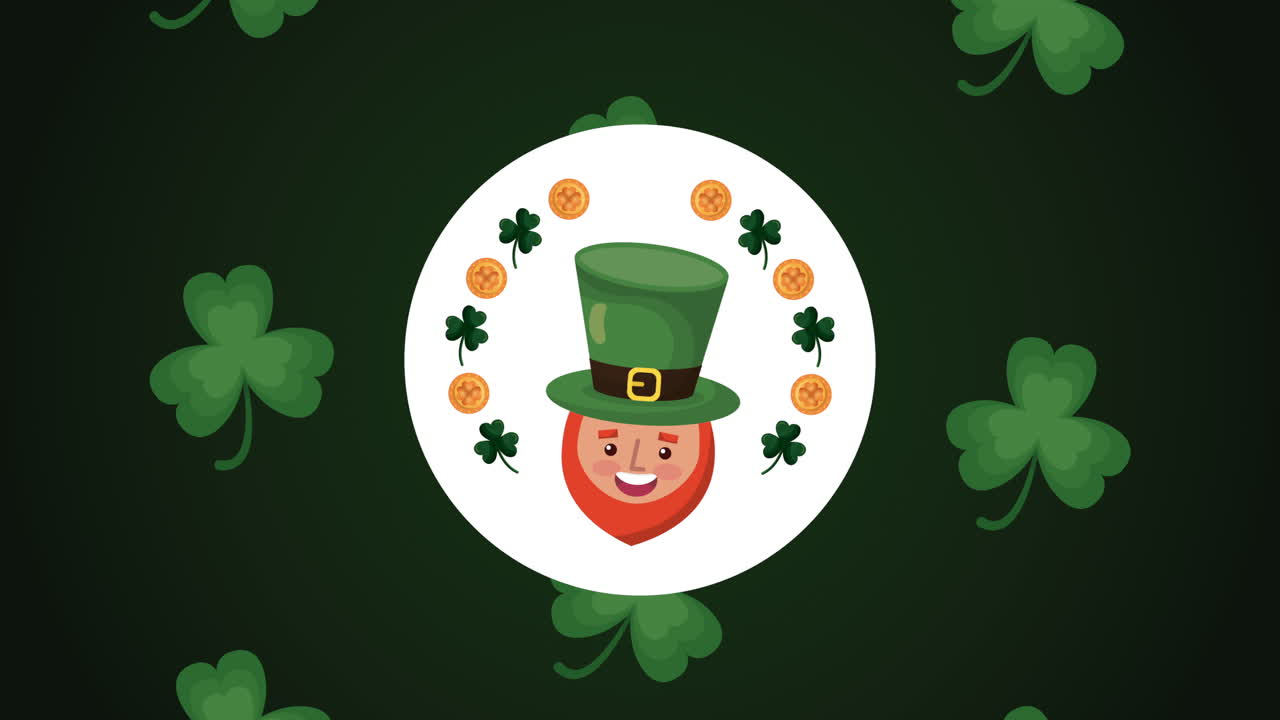tarjeta animada del día de san patricio con elfo y tréboles