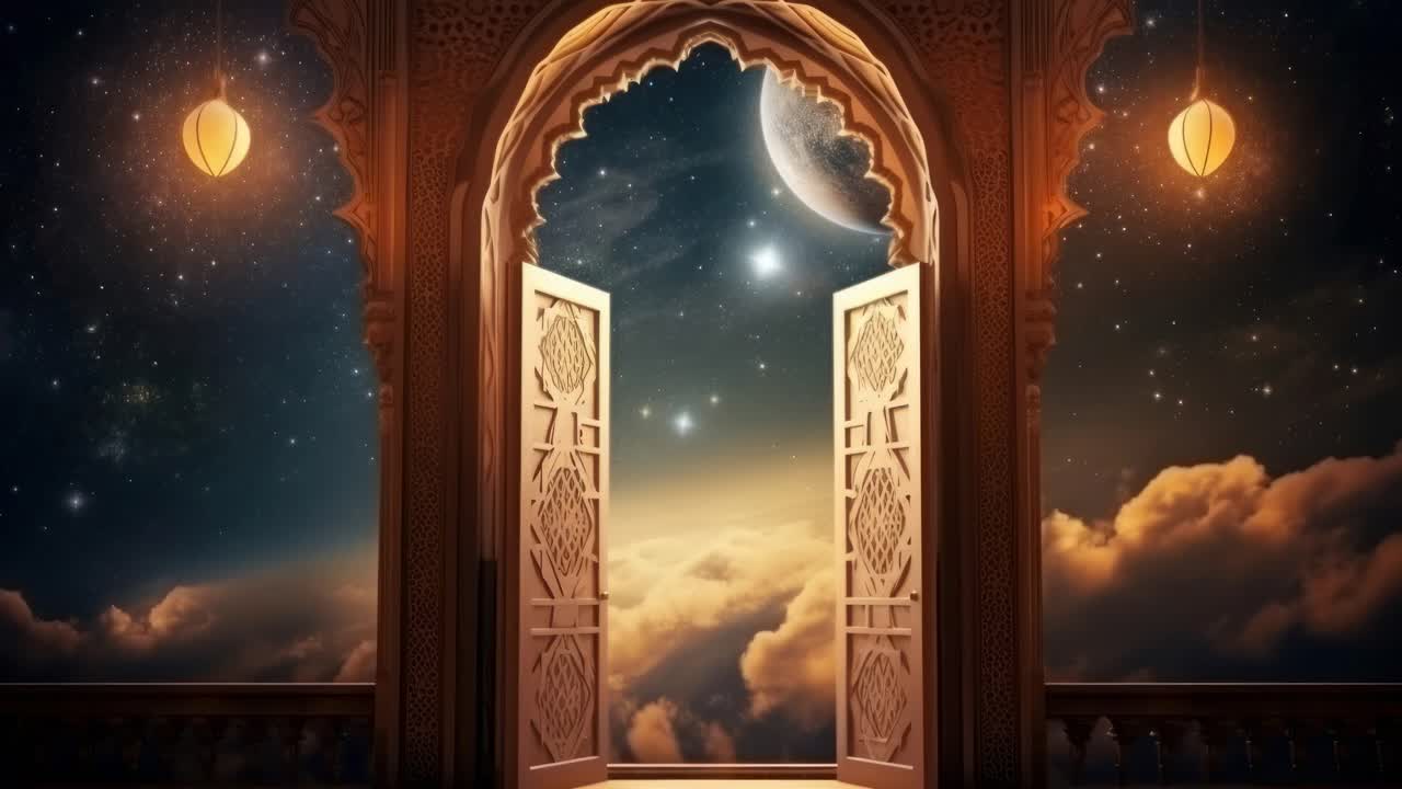 Pemandangan langit malam yang mistis melalui pintu-pintu berornamen, diambil dari sudut rendah, sempurna untuk video