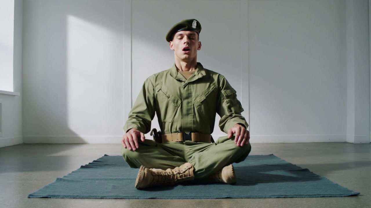 Siddende soldat øver vejrtrækning på en måtte, mens sollyset falder ind, iført olivenfarvet uniform og baret.