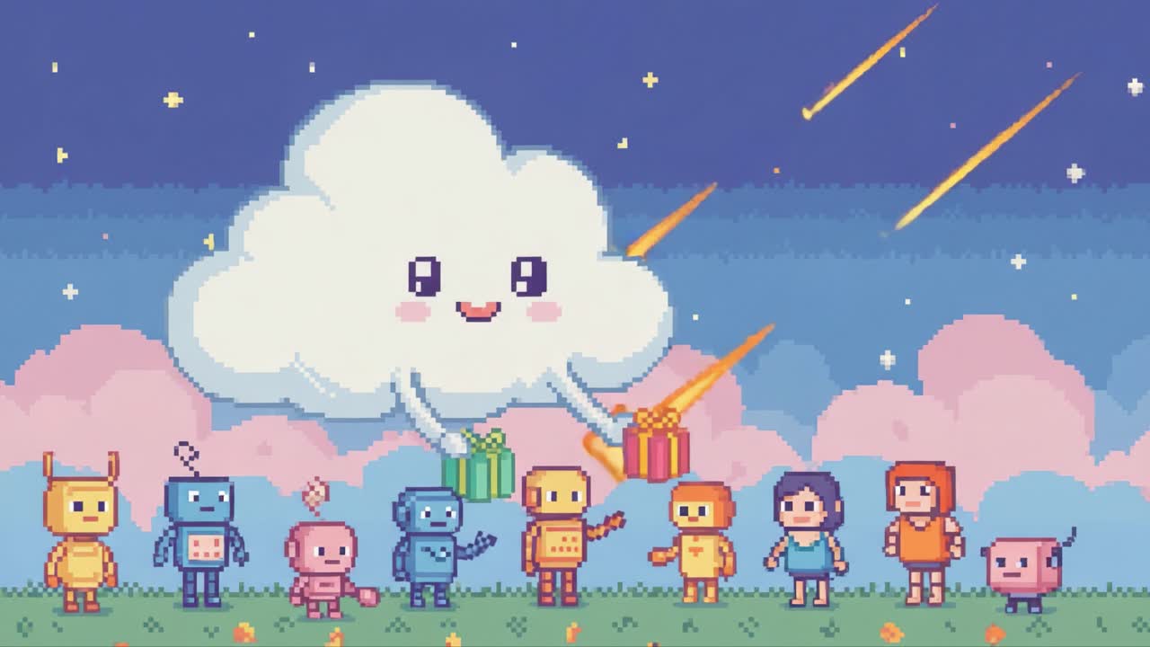Joyful Celebration of Friendship and Gifts Amidst a Colorful Pixelated Sky with Cheerful Clouds and Shooting Stars