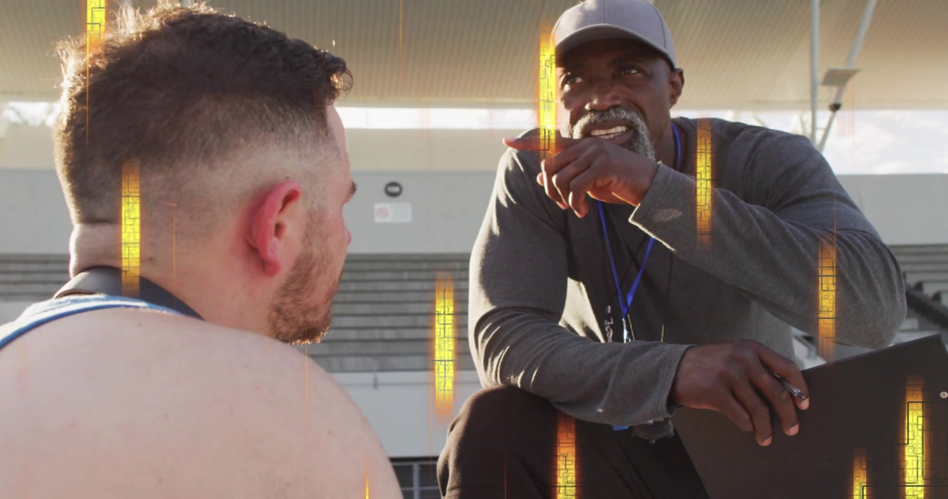 Coach tapping clipboard, instructing seated athlete in sports, with animated arrows correcting form