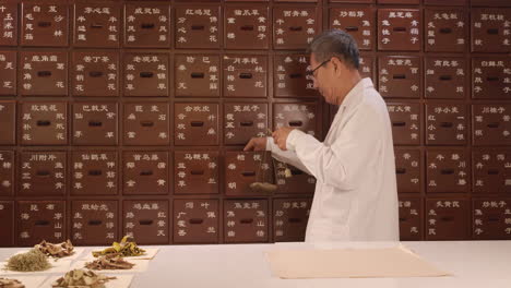 actual footage for an advertisement with the theme of traditional medicine, physician is selecting each dry medicinal herb to package the medicine according to the prescription