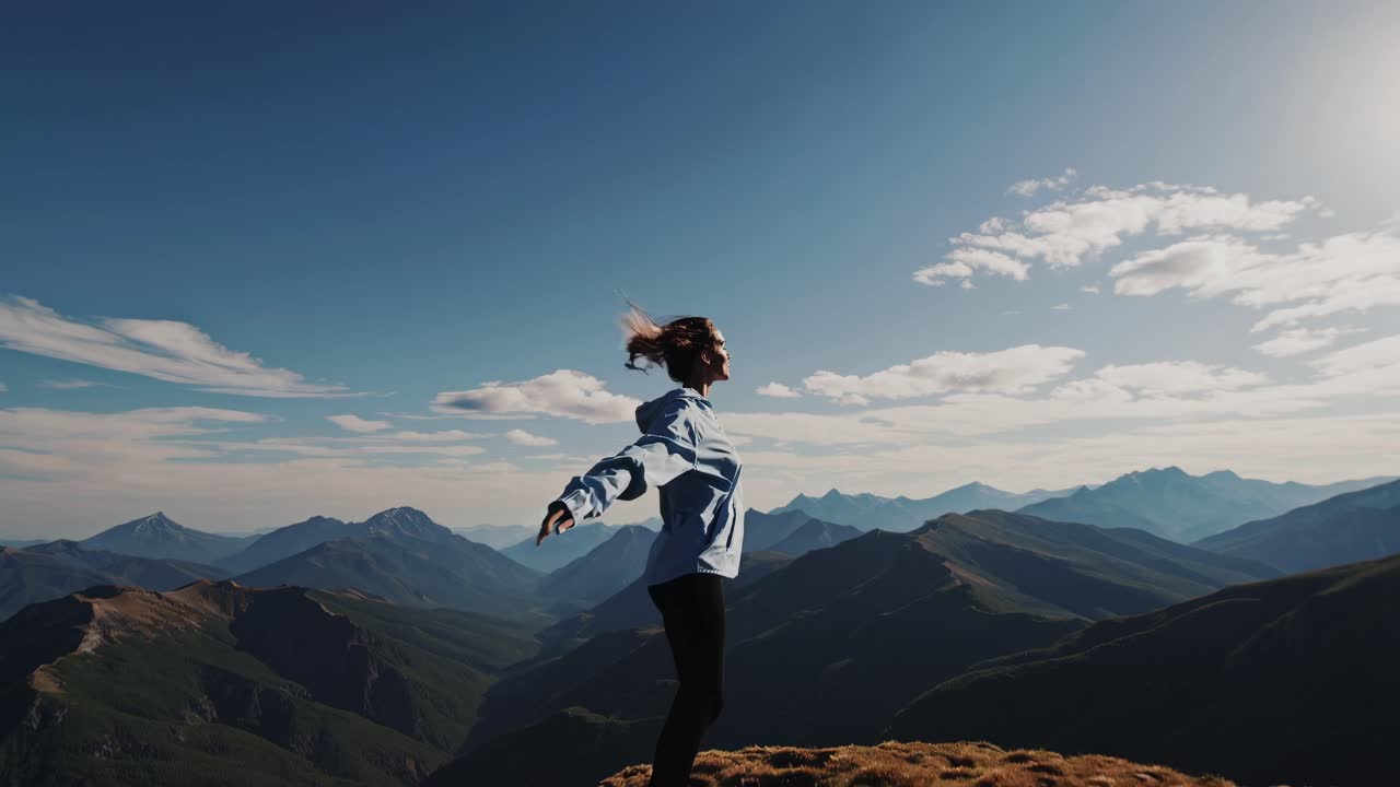 Una donna con una giacca blu ammira il panorama montano, con le braccia tese