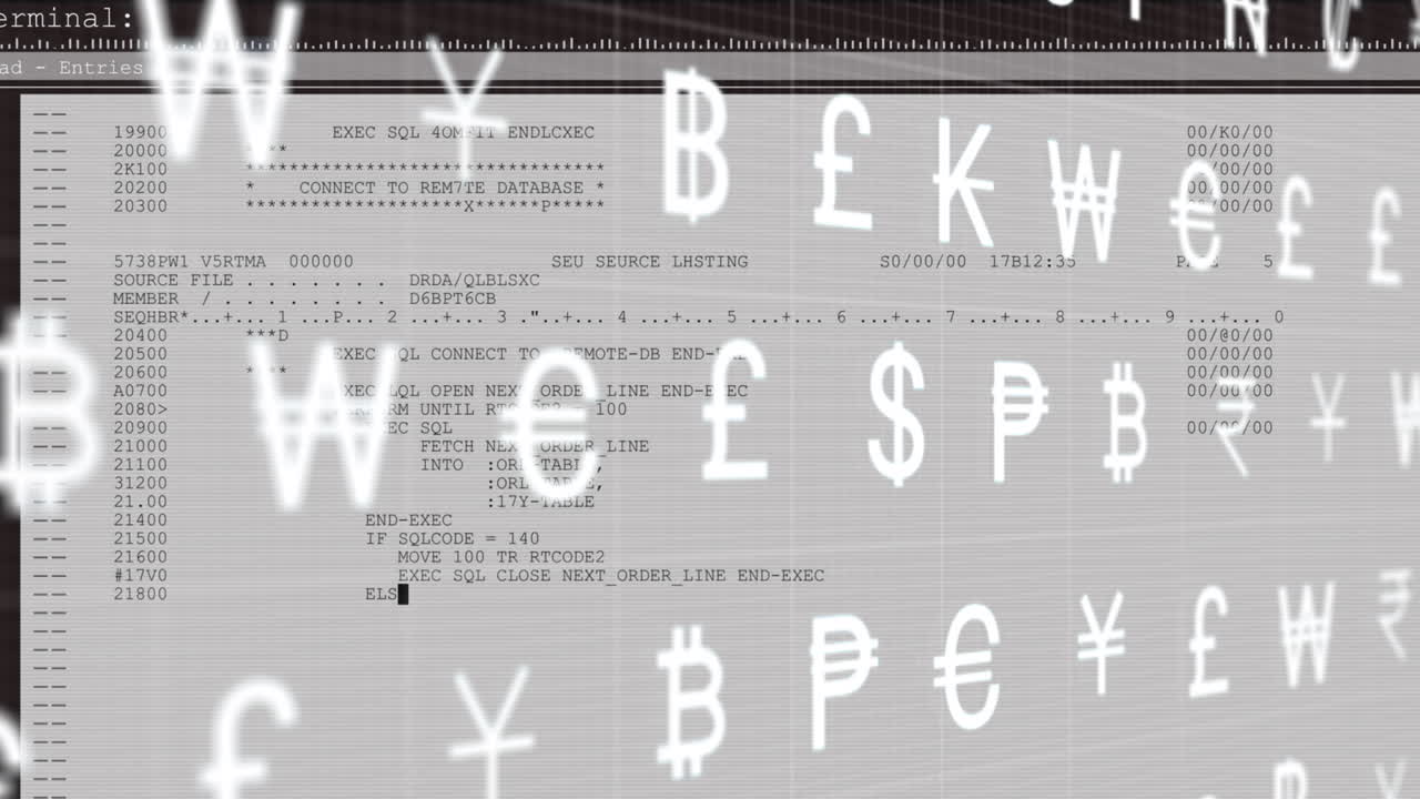 Animation of multiple currency symbols moving over programming language on screen
