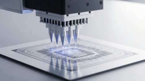 advanced technology in action: a precision machine applying innovative methods to process microchips with multiple nozzles for complex manufacturing tasks