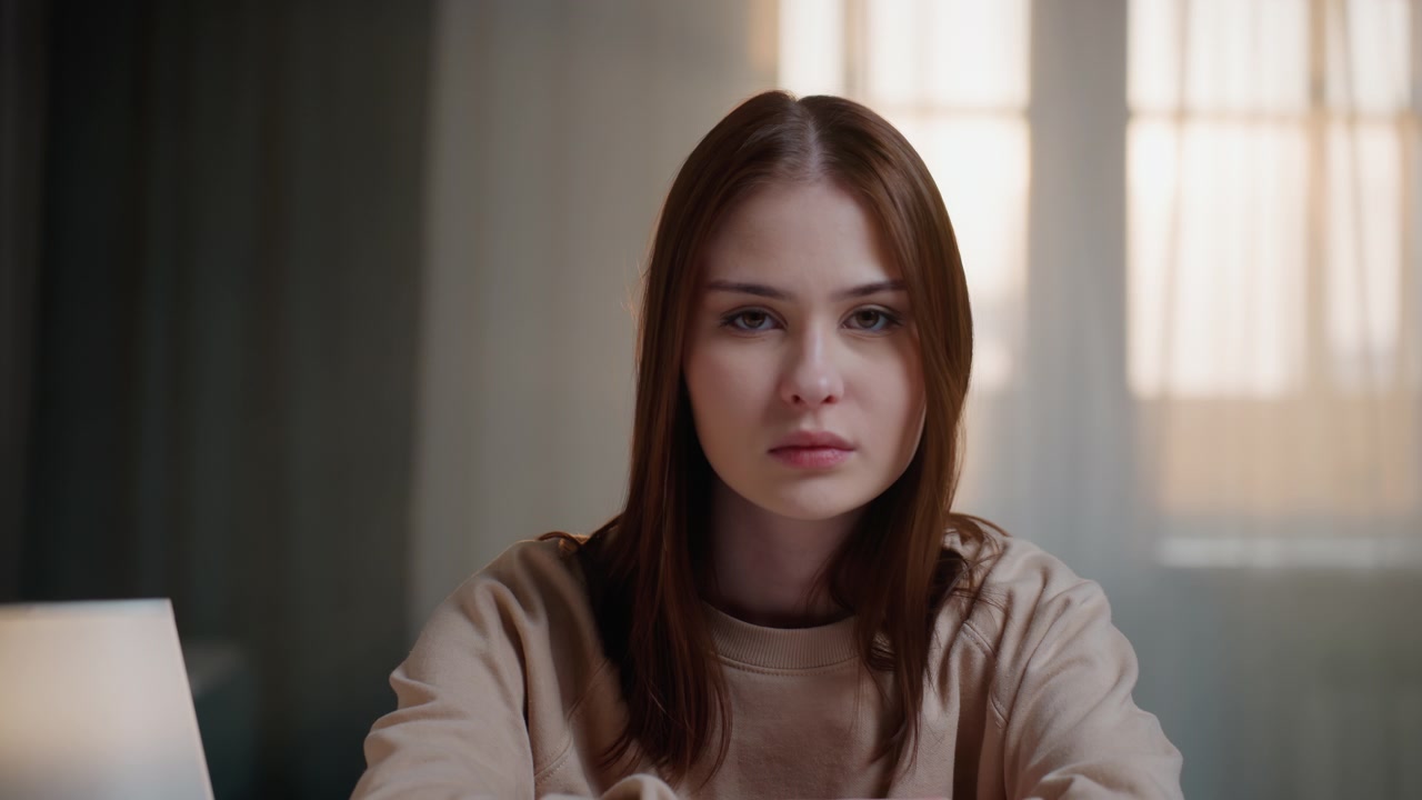 Woman studies attentively. Serious lady examines language text. Focused woman reviews educational notes at home. Caucasian female enthusiastically studying grammar with dedicated concentration