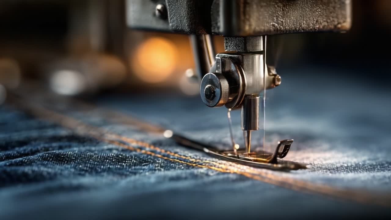 Intricate Details of a Vintage Sewing Machine Processing Denim Fabric with Threads Intertwining, Captured in Stunning Close-up, Highlighting Artisan Craftsmanship