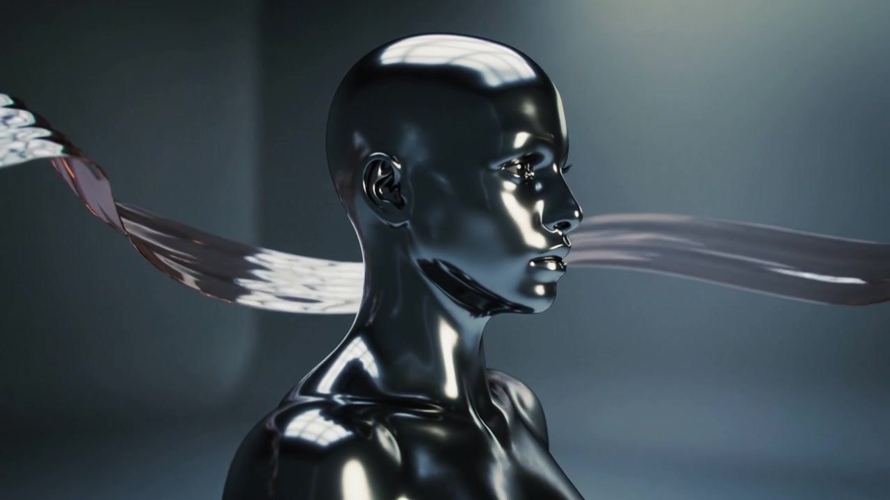 Camera pan initiating chrome bust rotating into profile inside studio cube, with ribbons flowing