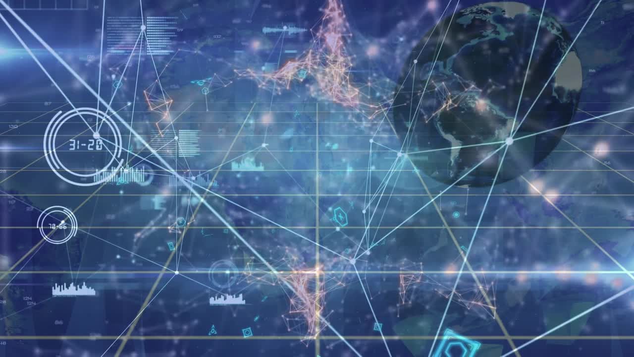 Animation of network of connections and data processing over globe on blue background