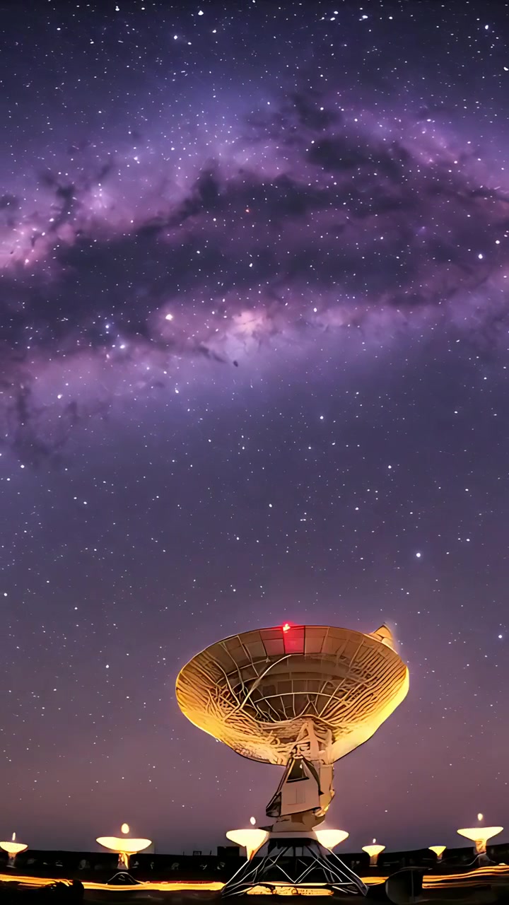 Video verticale: Parabola in movimento che traccia un segnale della Via Lattea, con luci dell'array che lampeggiano come un faro rosso.