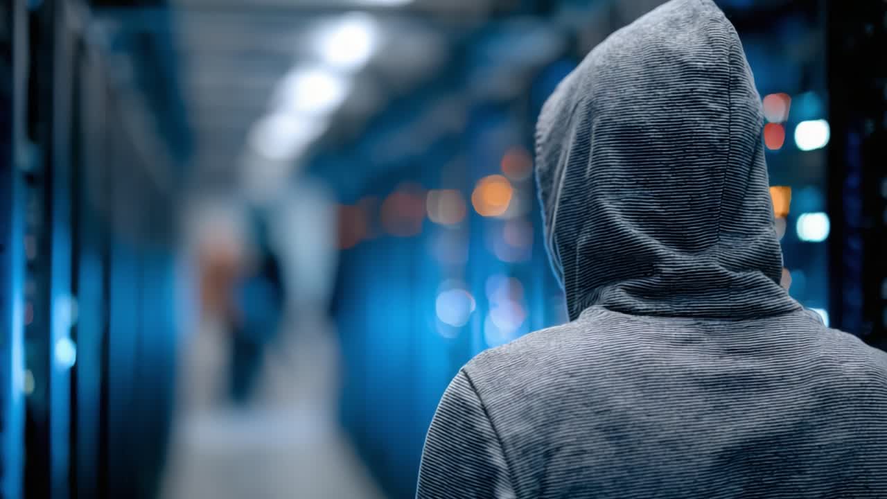 A Mysterious Figure in a Data Center: Exploring the Depths of Technology and Shadows within the Server Racks, Shrouded by an Atmosphere of Secrecy and Intrigue