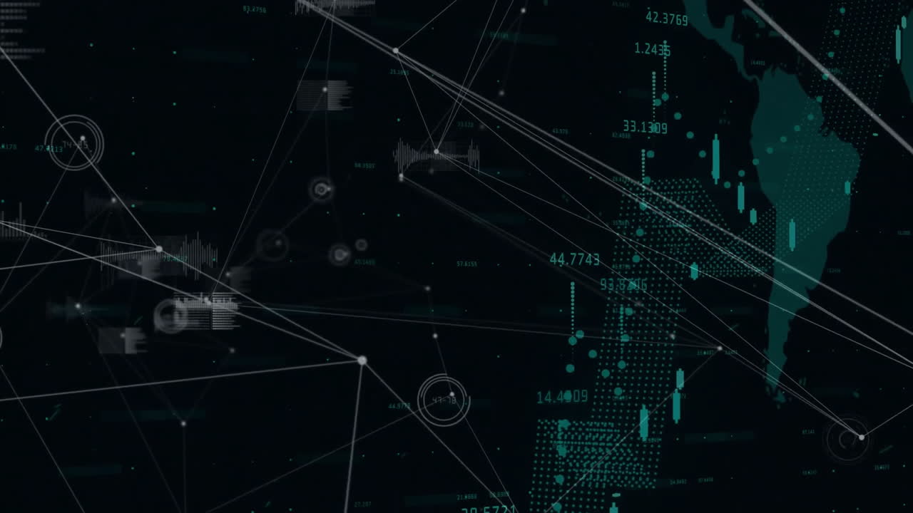 Animation showing digital world map with data charts and network connections overlay