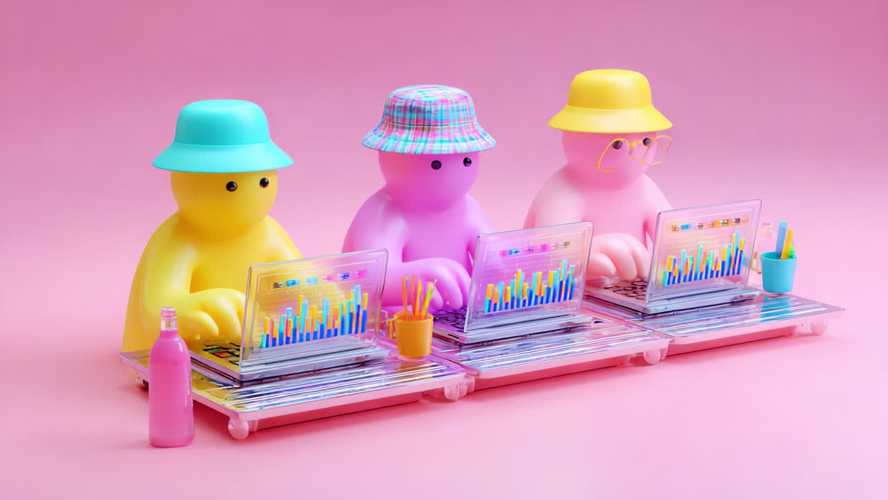 Colorful 3D Figures Engaging with Laptops on a Vibrant Pink Background, Capturing a Playful Yet Productive Atmosphere Filled with Creativity and Modern Technology