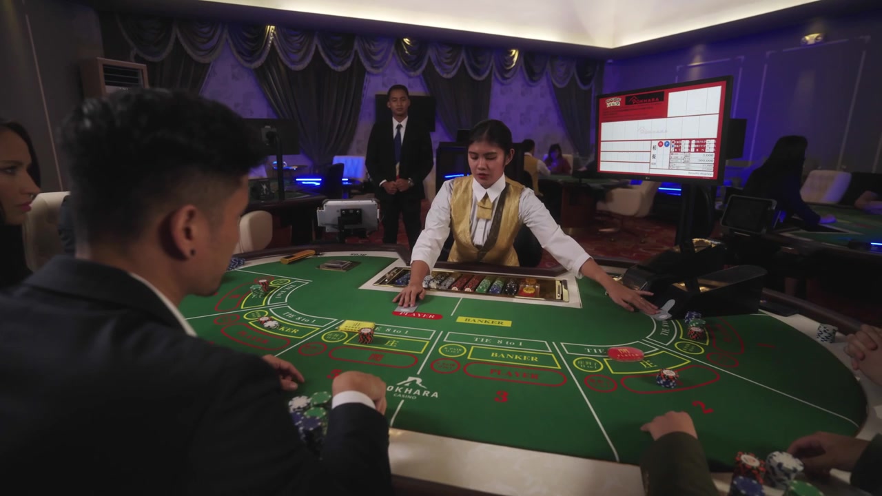 Attività di gioco d'azzardo al casinò con una donna che inizia a disporre le carte, fiches da gioco e altri giocatori in attesa di puntare
