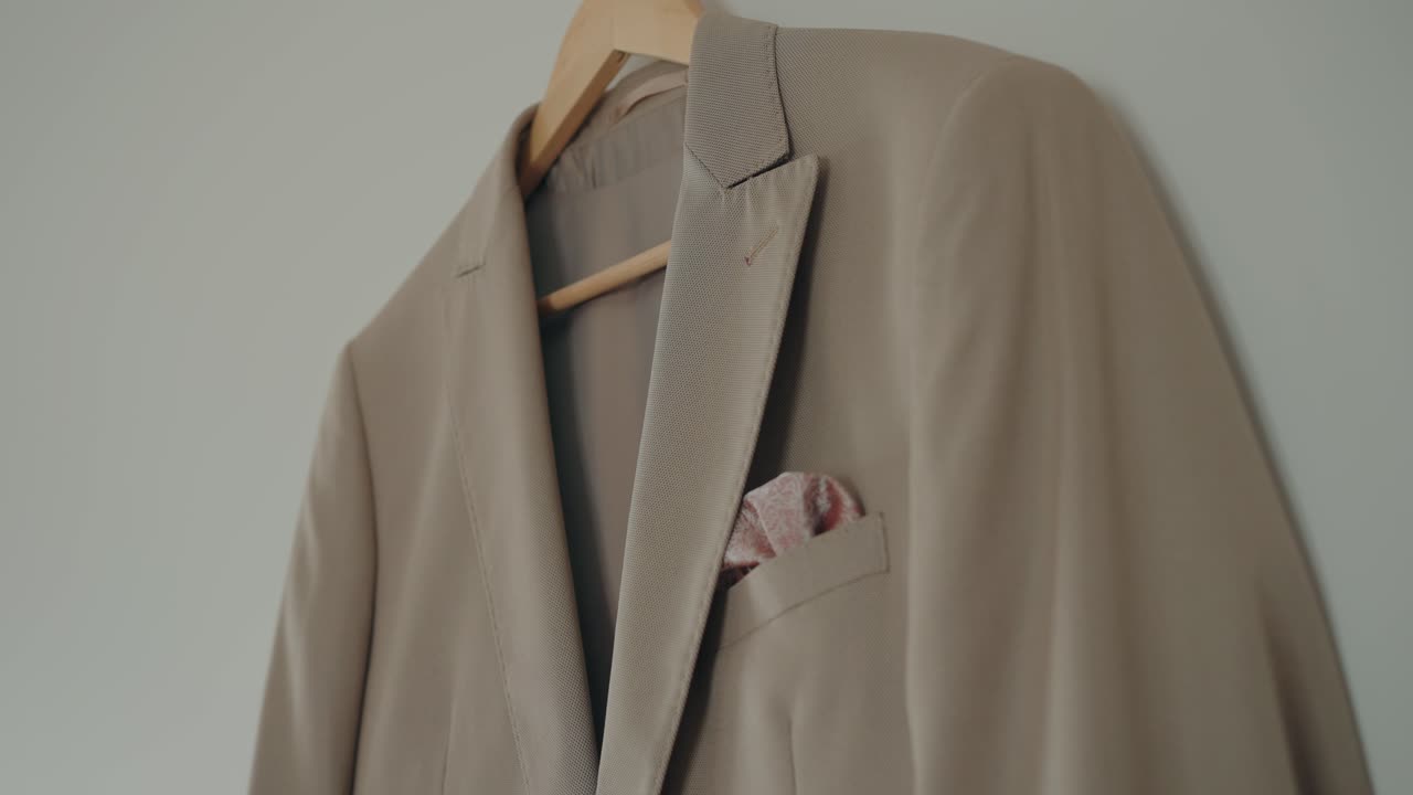 Giacca da abito da sposo in lino beige con pochette rosa appesa a una gruccia di legno contro il muro