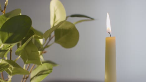 Close-Up-Of-Candle-Burning-Next-To-Flowers-On-Table-In-Restaurant