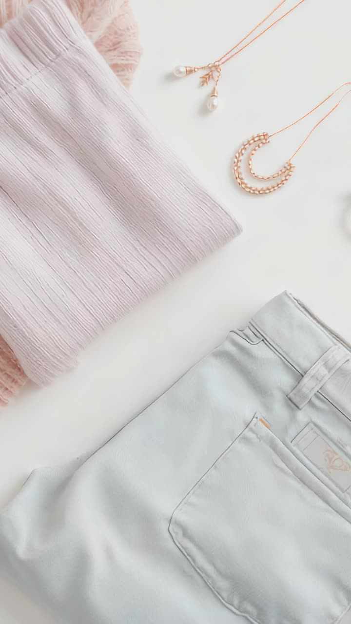 Video verticale: panoramica laterale che mostra un maglione di pelliccia, jeans e collane d'oro su un tavolo bianco in vendita