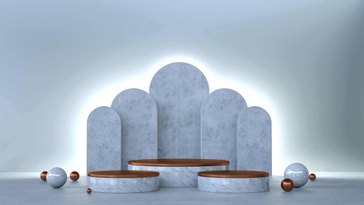 3D animation loop. White marble display podiums for product presentation