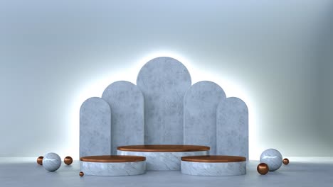 3d animation loop. white marble display podiums for product presentation