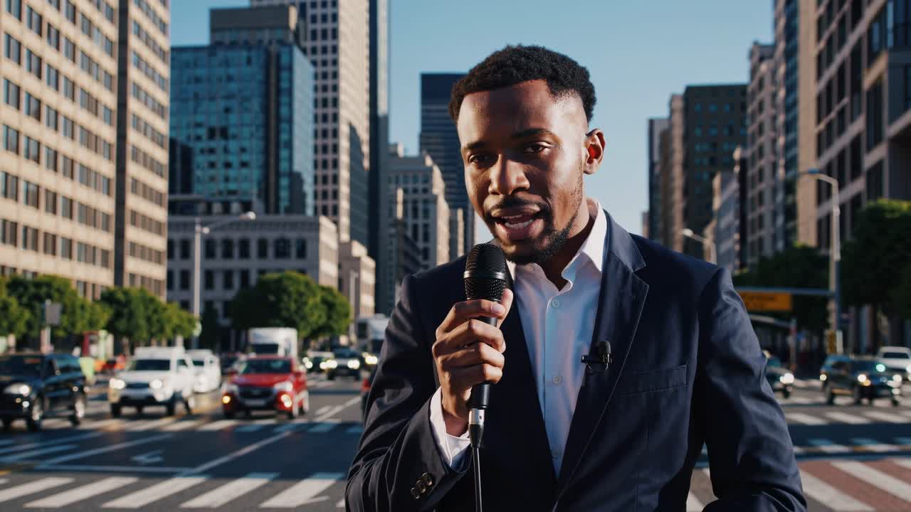 African American man in formal attire passionately delivers speech with microphone in busy urban intersection, showcasing dynamic public speaking amidst city backdrop