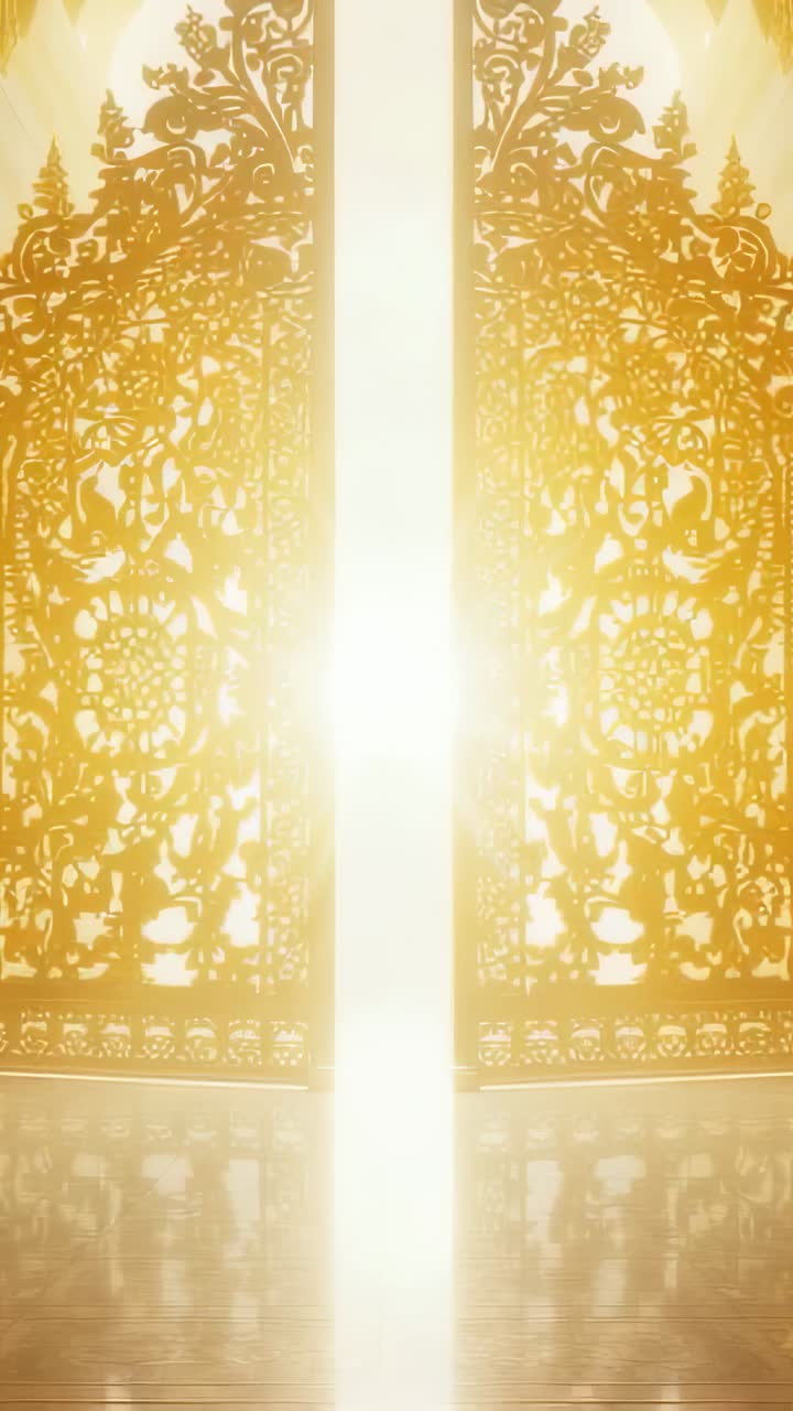 Vertical video: Intensifying glow pushing golden gates swinging open in foyer, reflecting light