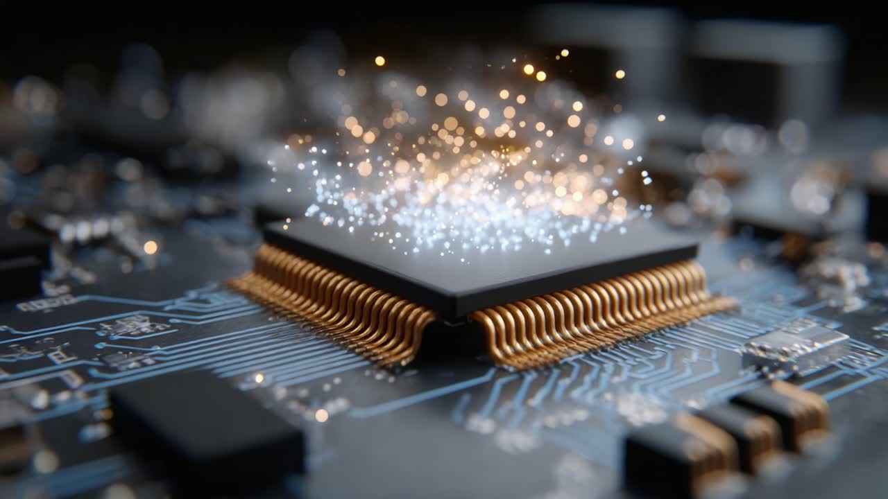 Captivating Close-Up of an Electronic Circuit Board with a Central Microchip Sparking with Light Effects in a High-Tech Environment