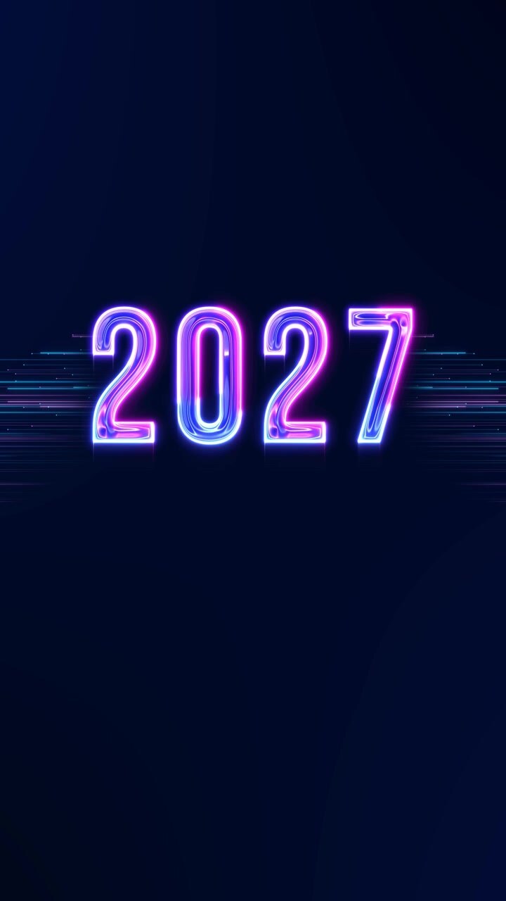 Numeri 2027 luminosi, linee neon magenta vivaci, sfondo futuristico con scie luminose per un nuovo anno moderno