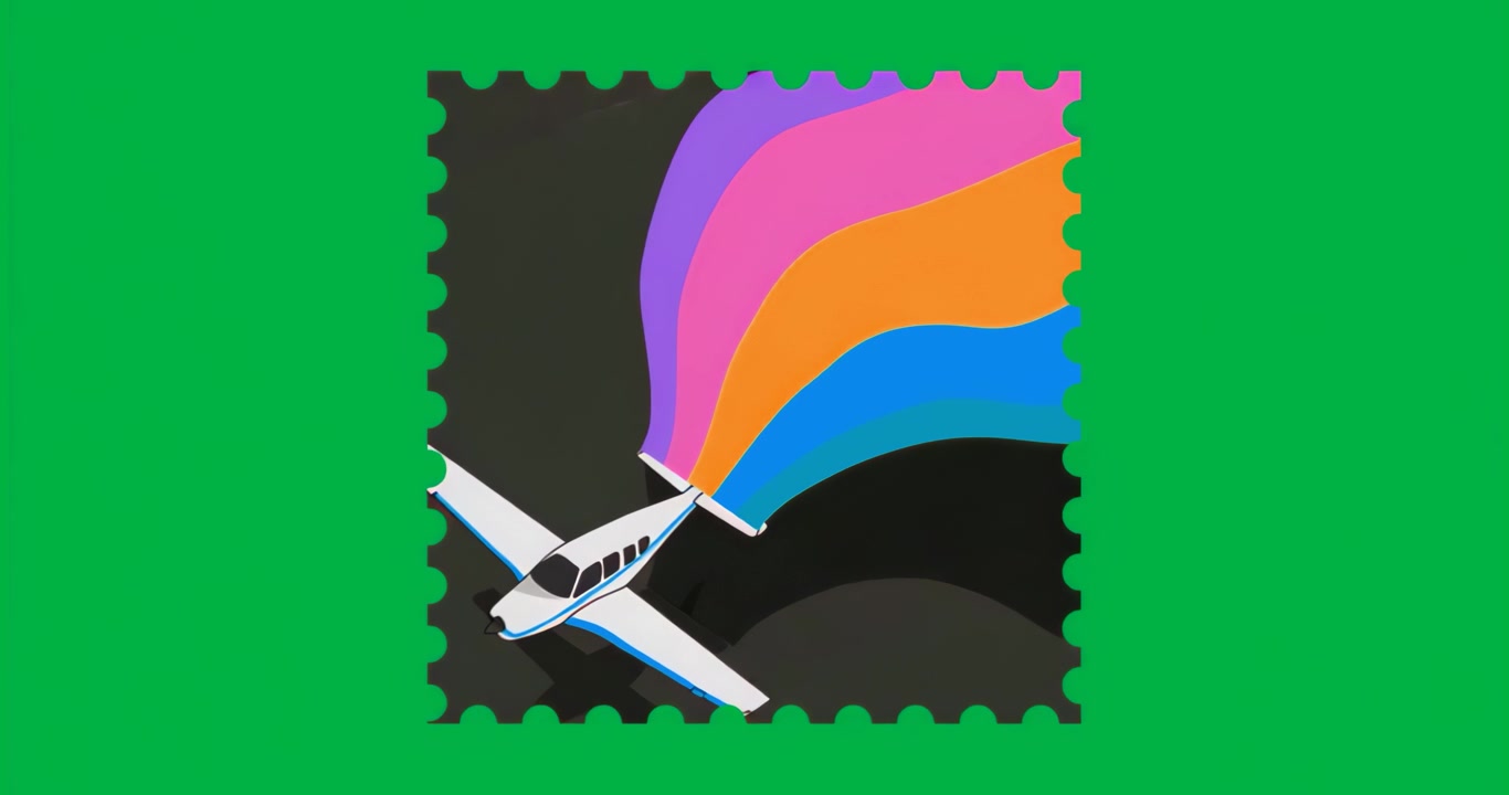 Moldura de selo flutuante mostrando avião emitindo rastros em fundo transparente, ilustrando viagem