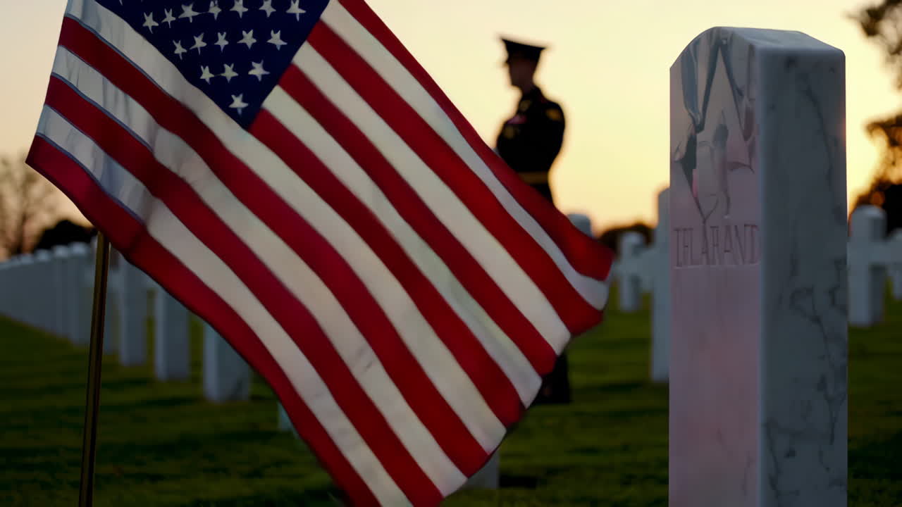 Sunset at a National Cemetery with an American Flag and Soldier