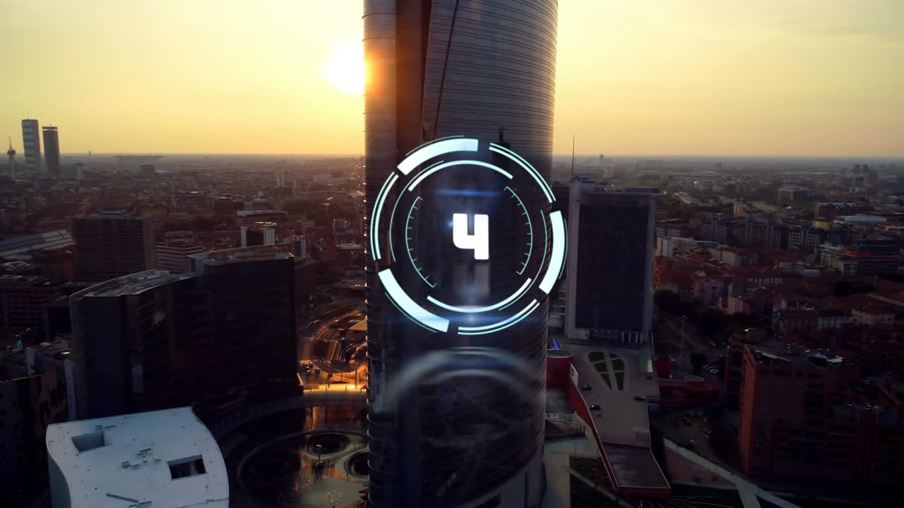 animación de un escáner circular con cuenta atrás sobre los edificios modernos de la ciudad al atardecer