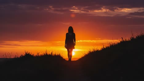 a solitary figure walks along a winding path towards a breathtaking sunset, silhouette highlighted by vibrant colors as the day transitions into night in a serene landscape