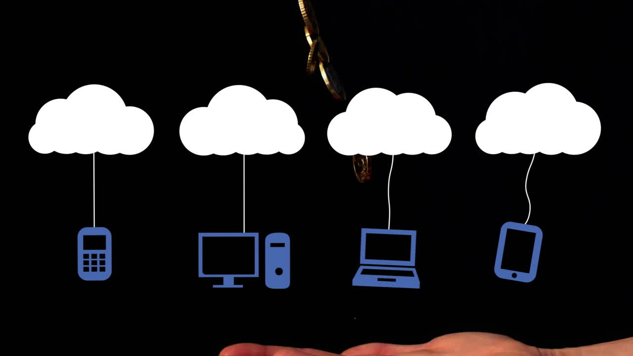 Animation of digital icon tied to cloud icons over hand flipping gold coins against black background