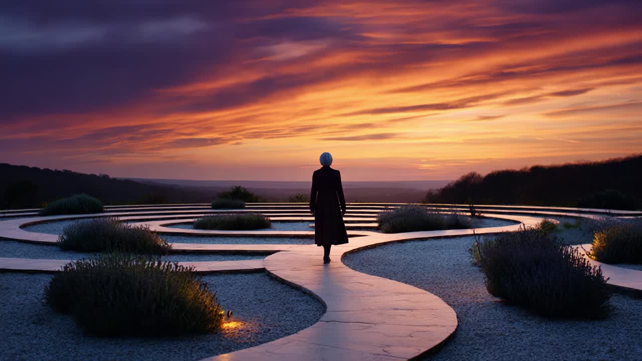 A solitary figure walks along a winding path through an intricate landscape, illuminated by a stunning sunset that paints the sky with vibrant hues and creates a serene atmosphere