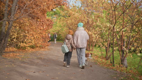 back view of family walking hand in hand with beagle on leash along tree lined path during autumn, surrounded by vibrant foliage in warm sunlight, sharing calm bonding moment in nature