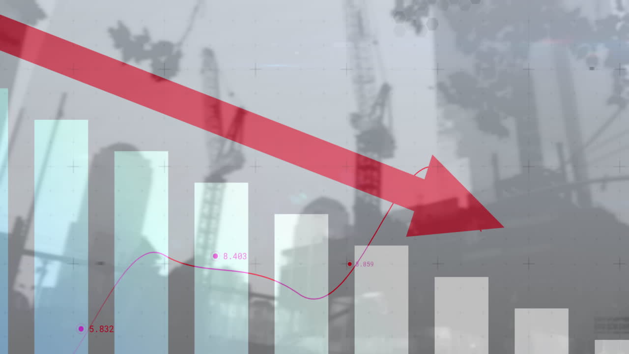 건설 현장 위로 내려오는 빨간 화살표와 함께 금융 데이터 처리의 애니메이션